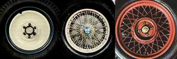 Roue à rayons avec fixation de type Riley (1910 - 1930), roue à rayons type Rudge-Witworth (1930 - 1960), roue tôle à voile plein (1920).