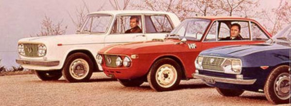 La gamme Fulvia 1966 : de gauche à droite, la berline, au centre le premier coupé HF 1200, à droite le coupé Sport Zagato.