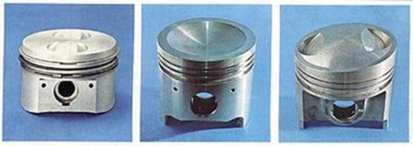 Piston à tête plate (Fiat 130), piston à tète creusée, piston à tête légèrement inclinée et bombée de Lancia Fulvia 1600