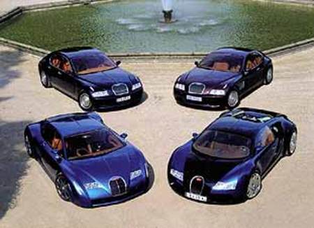 Les Bugatti de l’ère Piëch : dans le sens des aiguilles d’une montre, en haut à droite, l’EB 118, l’EB 16-4 Veyron, la Chiron et l’EB 218.