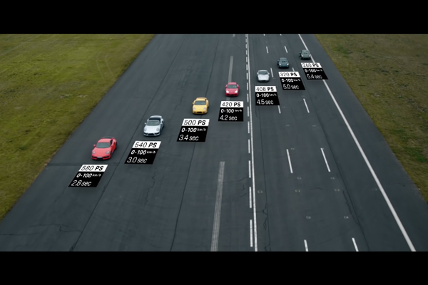 Sept générations de modèles Porsche 911 Turbo réunies en piste